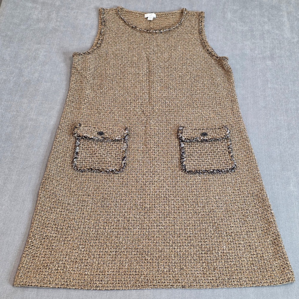 J. Jill Sleeveless Knit Sheath Dress Womens S Brown Tweed Textured Fringe Pocket